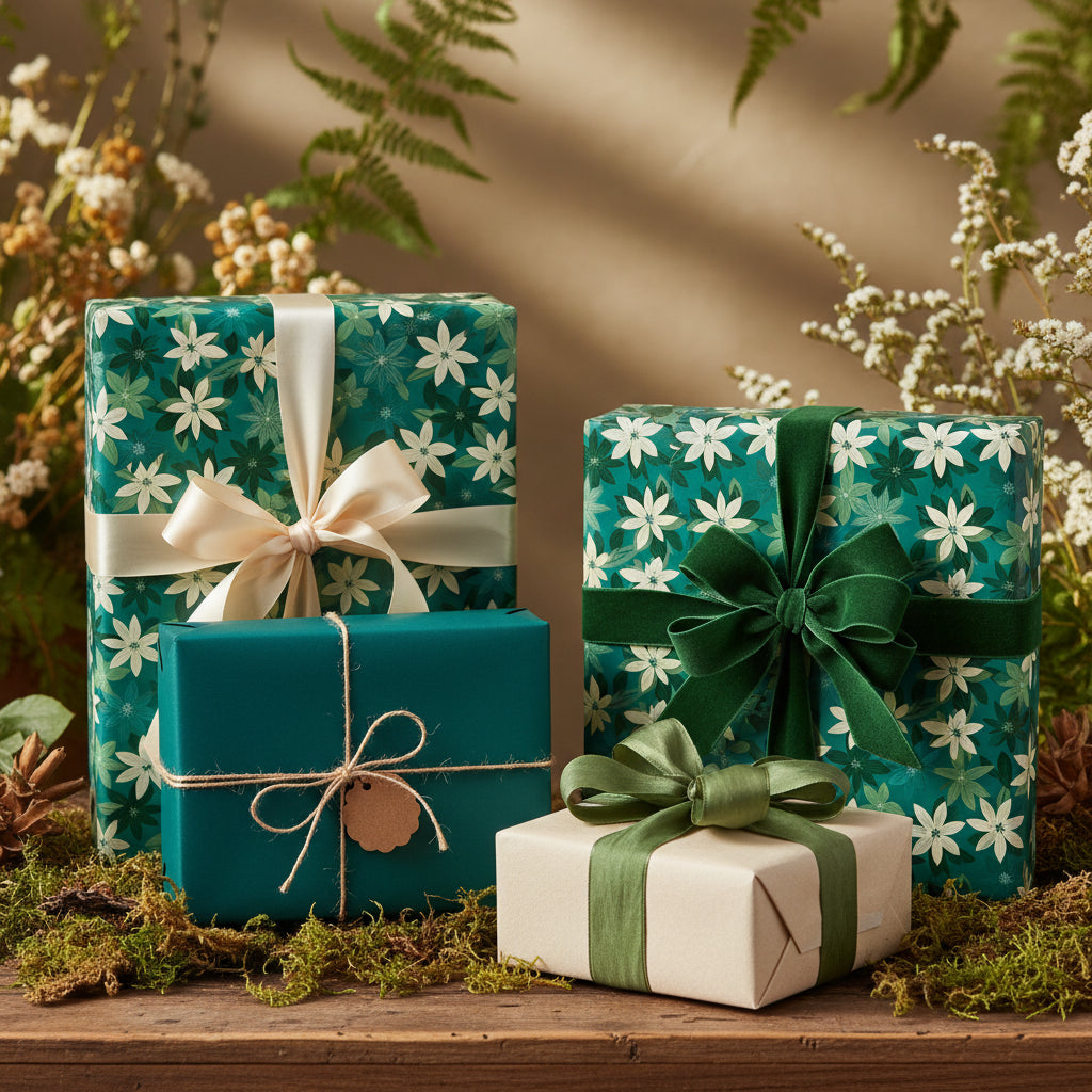 Elegant Christmas gifts wrapped in floral wrapping paper with green and ivory ribbons.