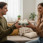 Young couple exchanging a gift wrapped in floral wrapping paper with a sheer white ribbon.