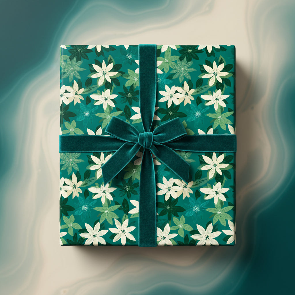 Teal floral wrapping paper with velvet ribbon, perfect for Christmas or elegant birthday gifts.