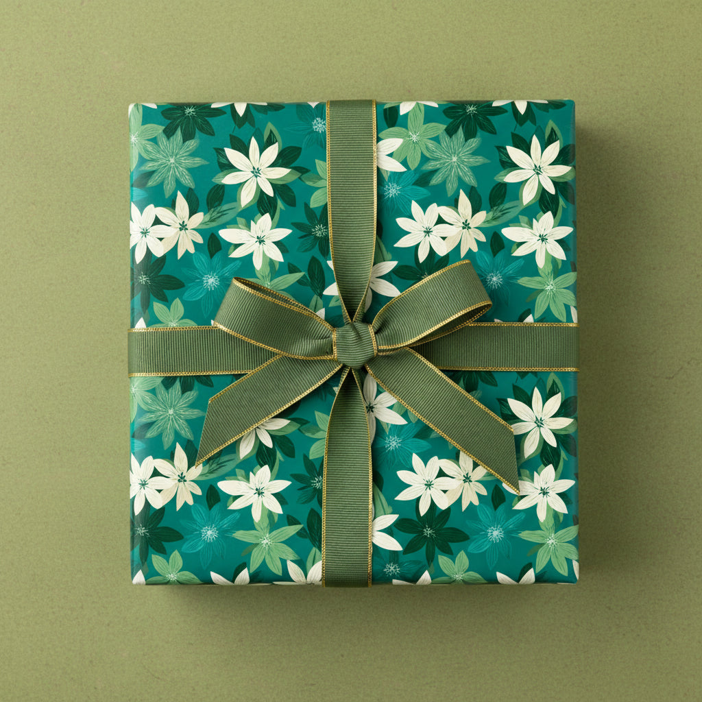 Square gift wrapped in teal floral wrapping paper with green ribbon and gold trim.