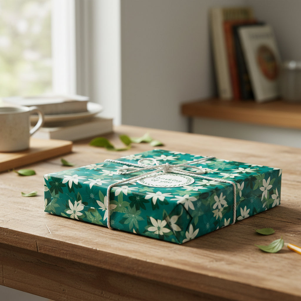 Square gift wrapped in green floral wrapping paper with twine and a "thinking of you" tag.