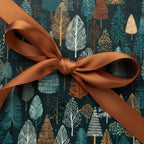 Elegant Christmas gift wrap with a rustic tree pattern and brown satin ribbon.