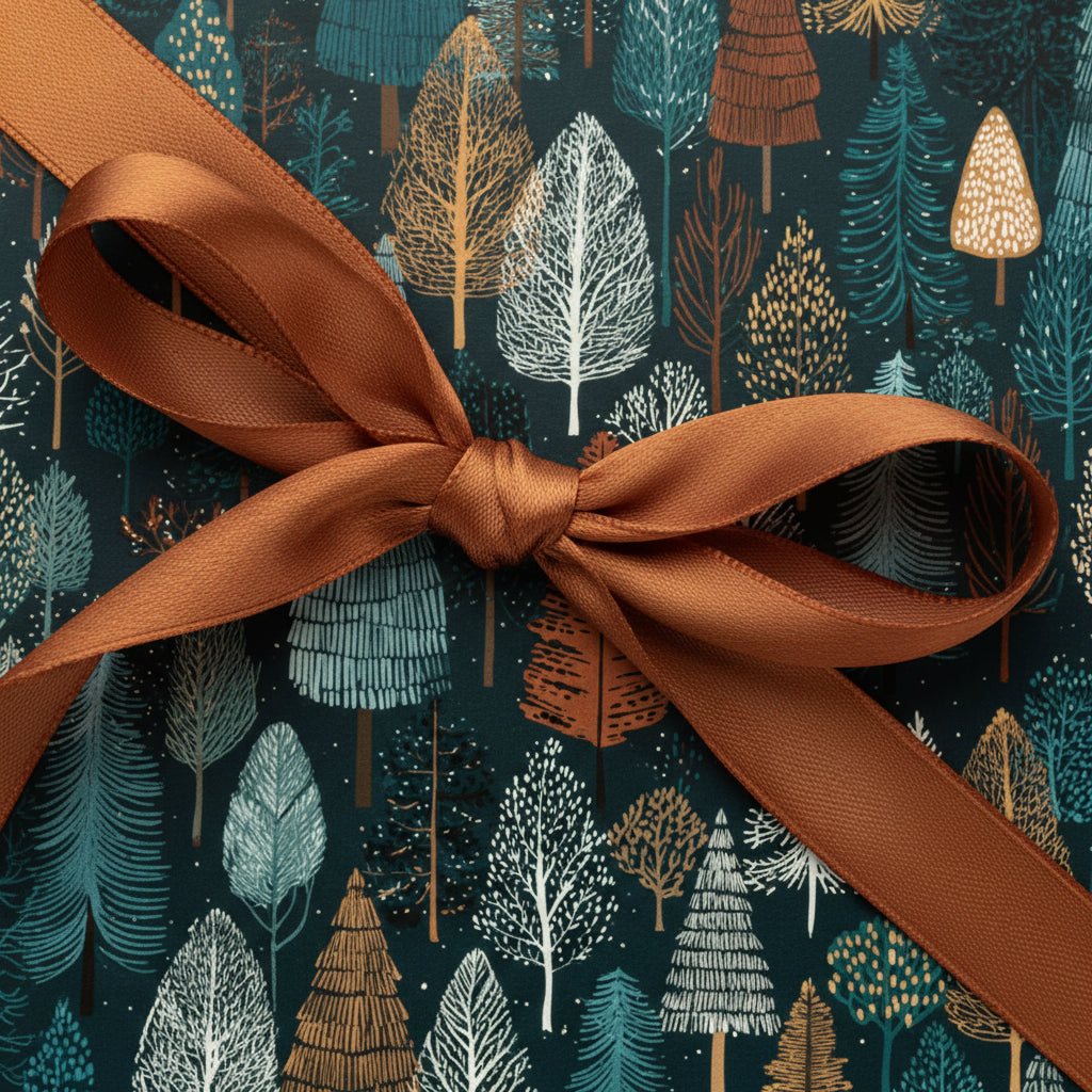 Elegant Christmas gift wrap with a rustic tree pattern and brown satin ribbon.