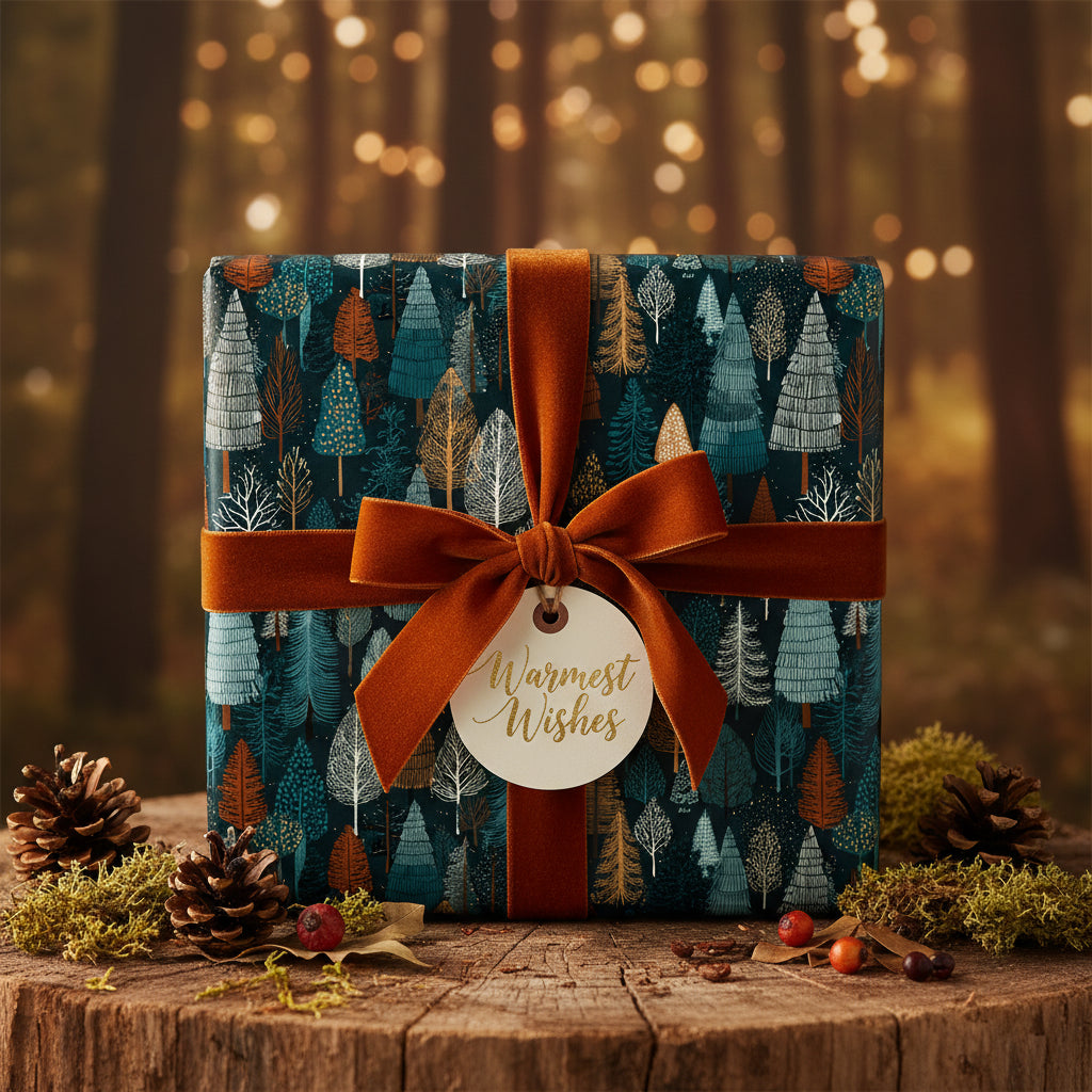 Square gift wrapped in forest tree Christmas wrapping paper with a velvet ribbon bow.