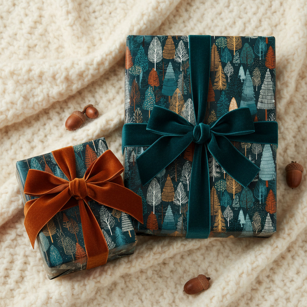 Elegant presents wrapped in forest tree print wrapping paper with velvet ribbon on a knit blanket.
