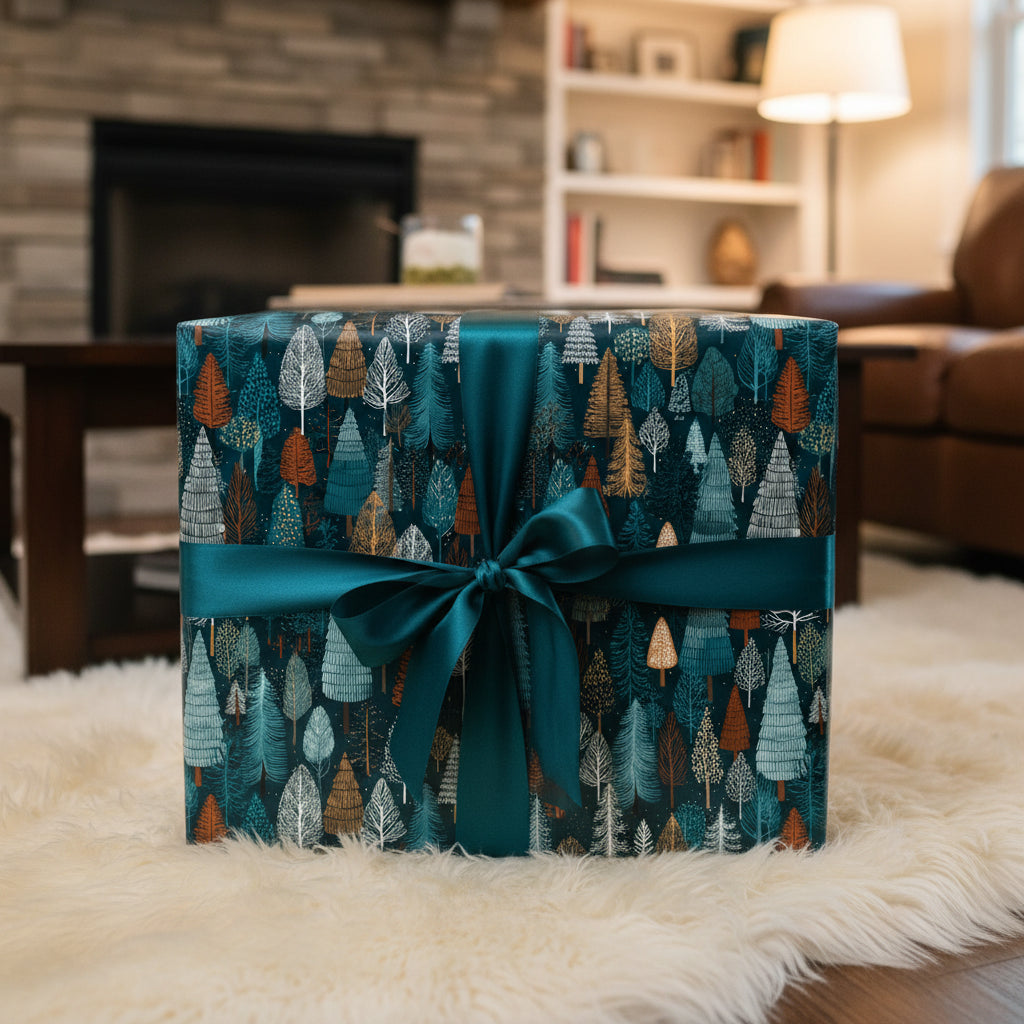 Teal Christmas wrapping paper with a forest tree pattern and ribbon on a wrapped gift box.