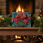 Teal Christmas gift wrap with a forest pattern, burlap ribbon and a "Merry Christmas" tree tag.