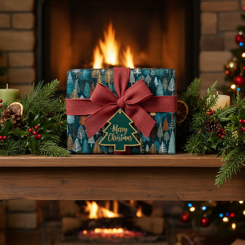 Teal Christmas gift wrap with a forest pattern, burlap ribbon and a "Merry Christmas" tree tag.
