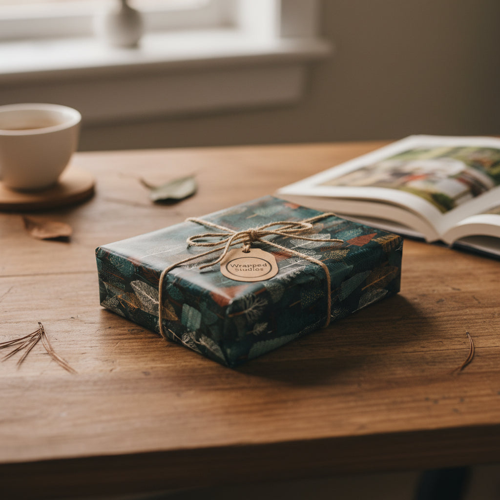 Rustic gift on wood table: dark teal wrapping paper with a leaf pattern and twine bow.