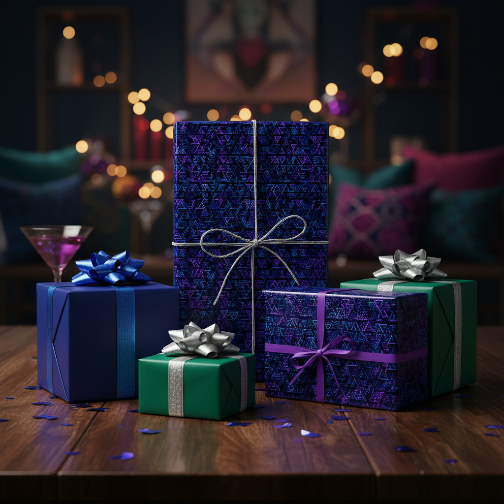 Luxury gift wrap: Assorted presents with geometric pattern in blue, purple and green hues, tied with ribbons.