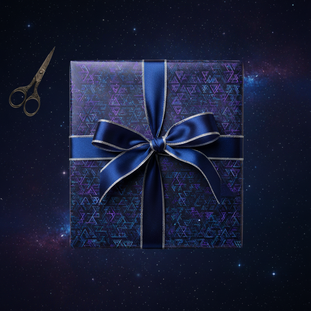 Navy blue geometric luxury gift wrap with satin ribbon bow on a starry galaxy background.