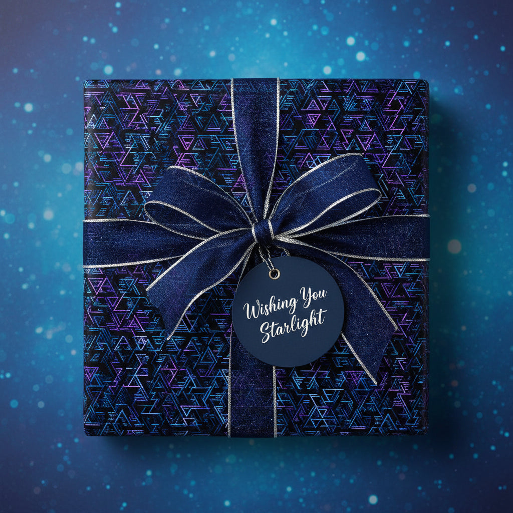 Navy geometric gift wrap with ribbon and "Wishing You Starlight" tag, perfect for Christmas or a special occasion.
