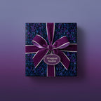 Geometric wrapping paper with velvet ribbon for luxury gift wrap on a purple background.