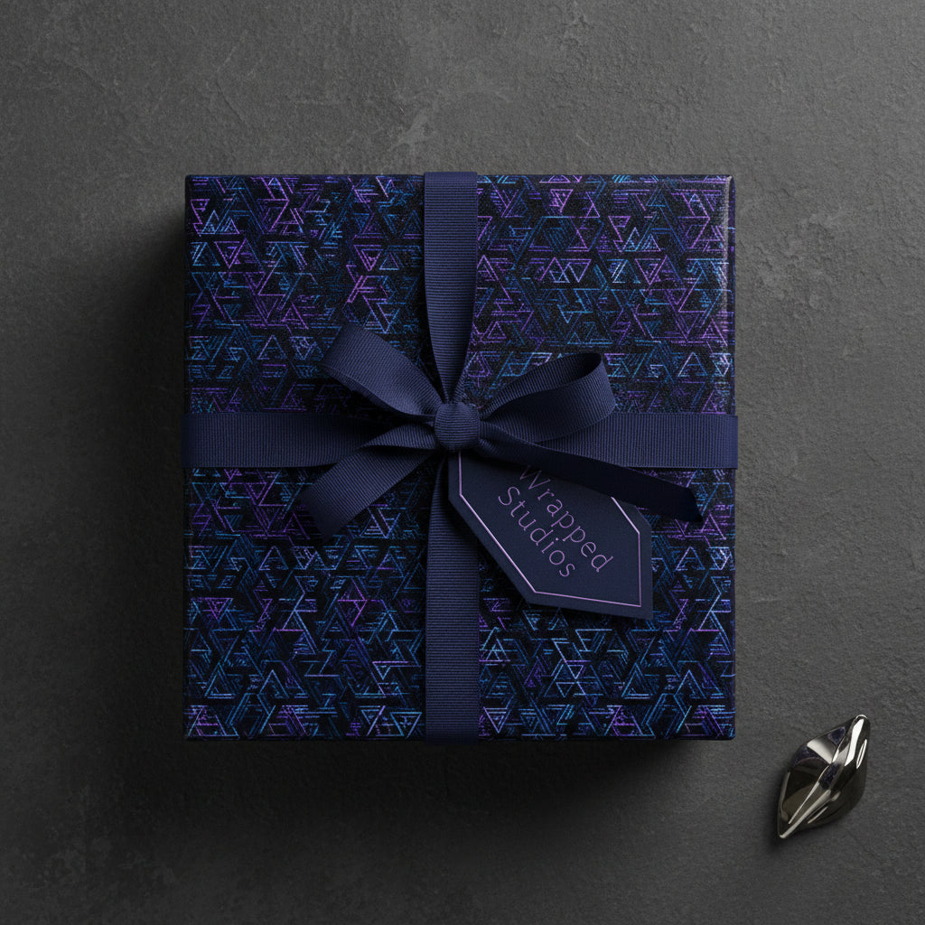Modern birthday wrapping paper with dark geometric design, navy ribbon and gift tag.