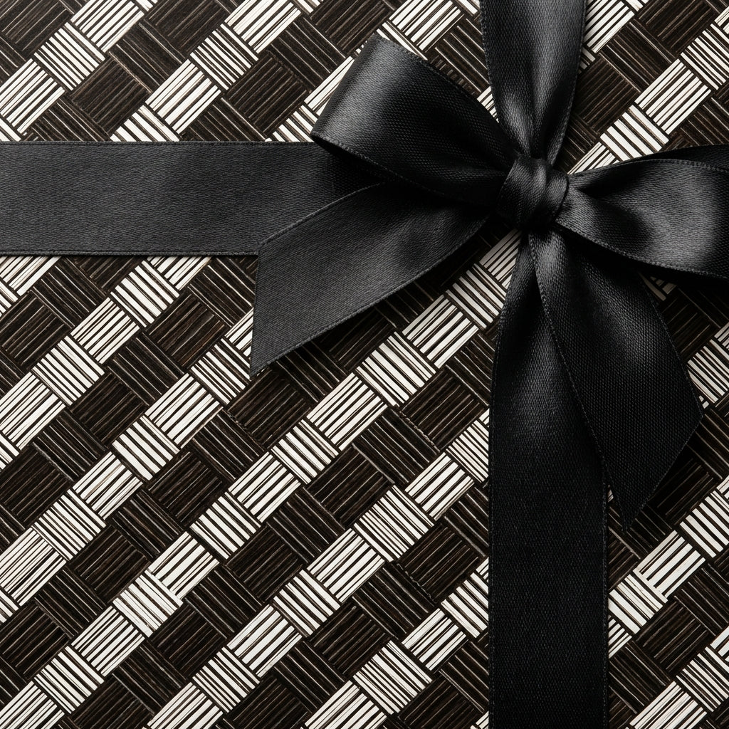 Modern gift wrap with black and white geometric pattern and elegant black ribbon bow.