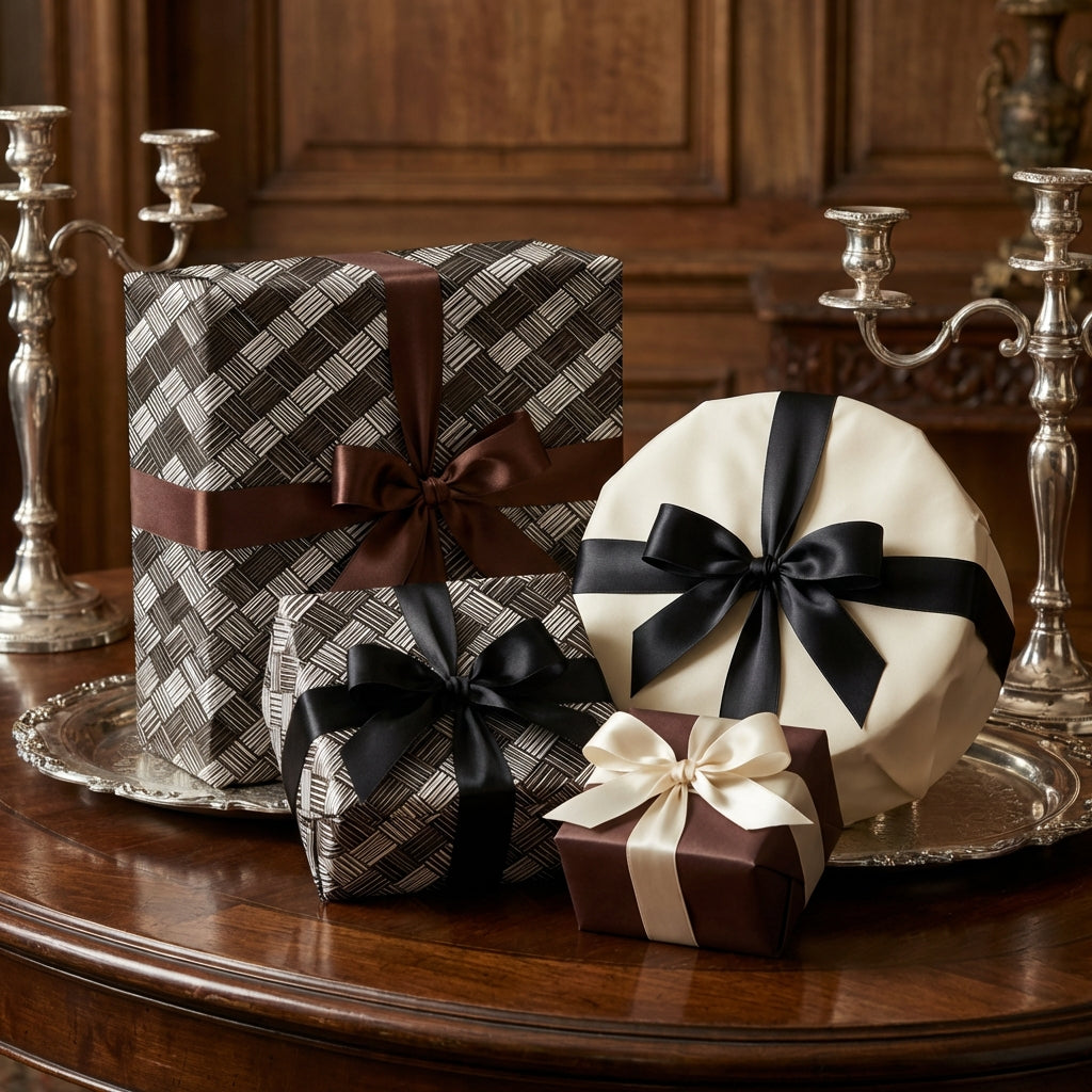 Elegant gifts wrapped in textured brown wrapping paper with satin ribbons for a luxury feel.