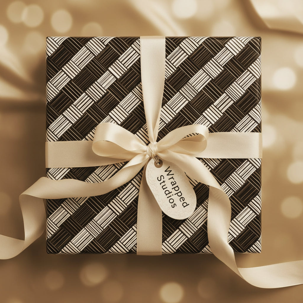 Elegant gift wrapped in modern geometric wrapping paper with a satin ribbon and bow.