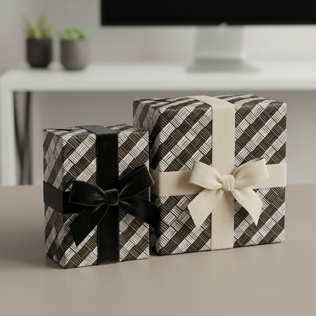 Modern gift boxes wrapped in woven pattern gift wrap with velvet and grosgrain ribbon bows.