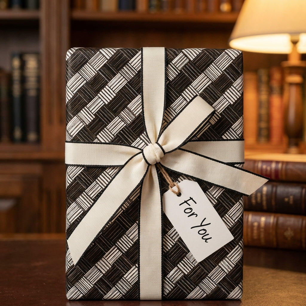 Elegant gift wrapped in modern black and white woven wrapping paper with an ivory ribbon and "For You" tag.