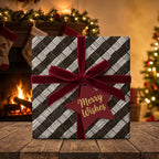 Gift box with 'Merry Wishes' tag in front of a fireplace and Christmas tree