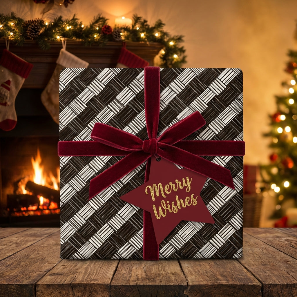 Gift box with 'Merry Wishes' tag in front of a fireplace and Christmas tree