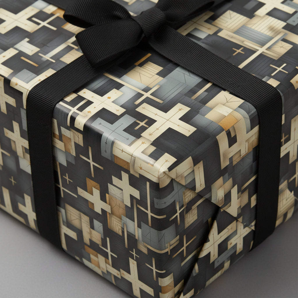 Modern gift wrapped in black and beige geometric wrapping paper with a black ribbon bow.