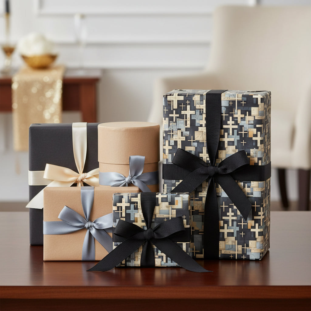 Elegant gift wrapping: Neutral tone presents with satin ribbons, and patterned wrapping paper with black ribbon.