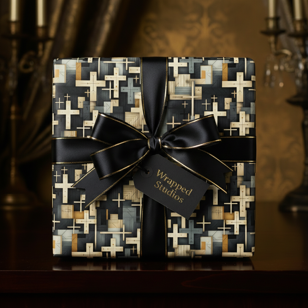 Elegant gift box wrapped in modern black, gold, and gray geometric wrapping paper with a satin ribbon.