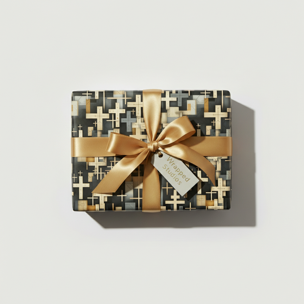 Modern wrapping paper with a gold satin ribbon, featuring a geometric cross pattern in gray, black, and gold.
