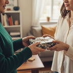 Woman exchanging gift wrapped in modern pattern paper with twine bow; perfect for birthday wrapping paper.