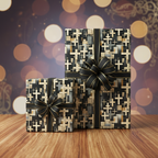 Elegant black and gold wrapping paper with ribbons on gifts, for holidays or any occasion.