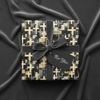 Elegant gift box wrapped in modern geometric pattern paper with gray velvet ribbon and "For You" tag.