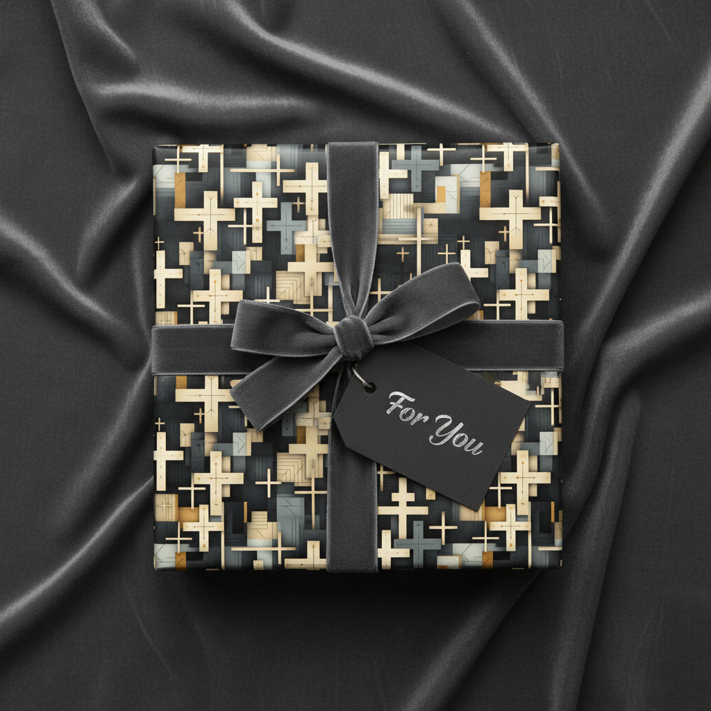 Elegant gift box wrapped in modern geometric pattern paper with gray velvet ribbon and "For You" tag.