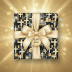 Elegant luxury gift wrap with gold ribbon and modern geometric cross pattern, perfect for special occasions.