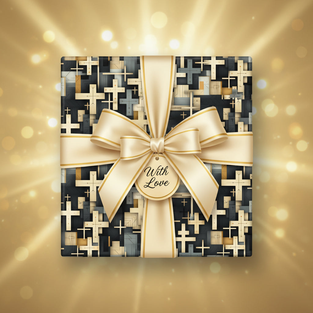 Elegant luxury gift wrap with gold ribbon and modern geometric cross pattern, perfect for special occasions.