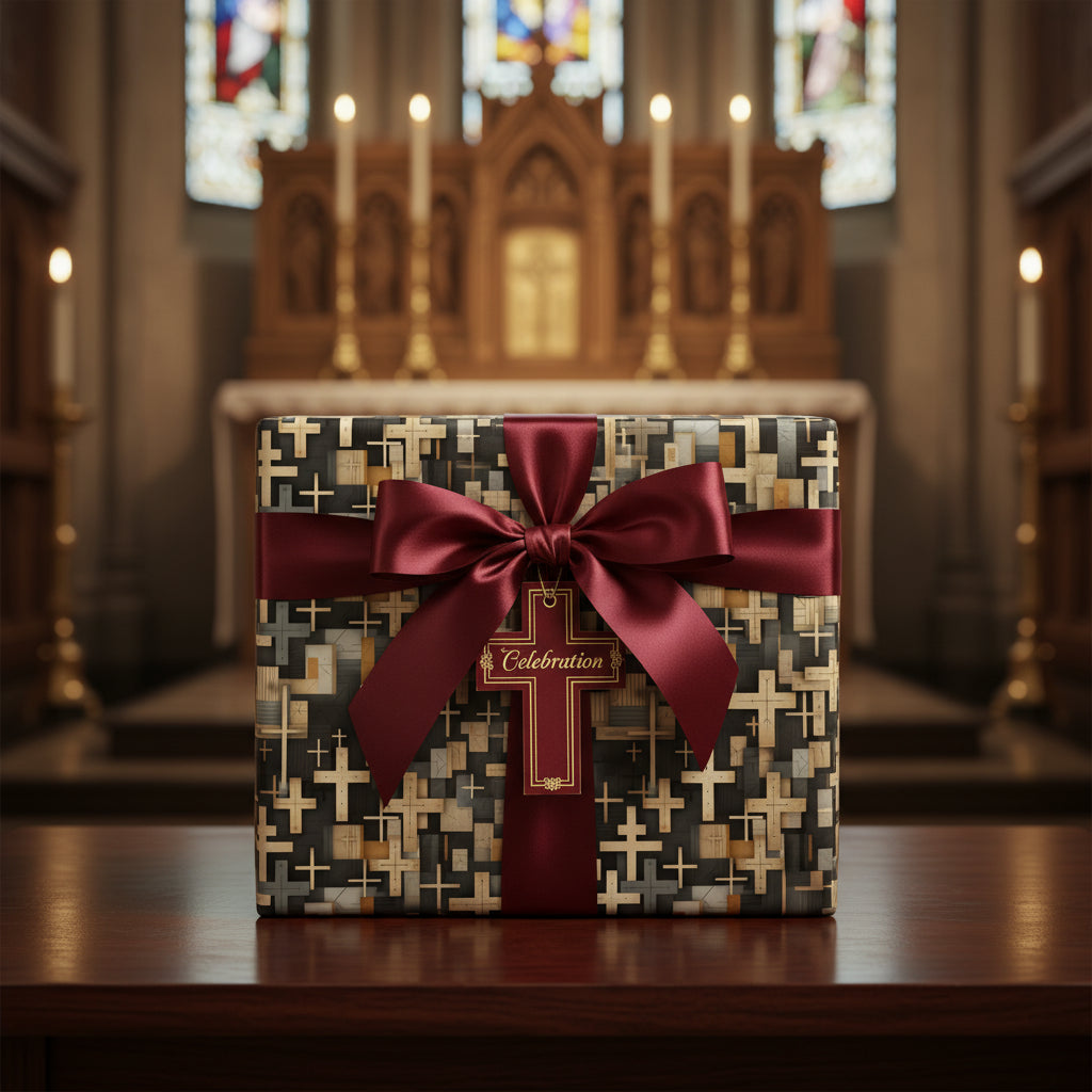 Elegant religious gift wrapped in cross-pattern paper with maroon ribbon, presented in church.