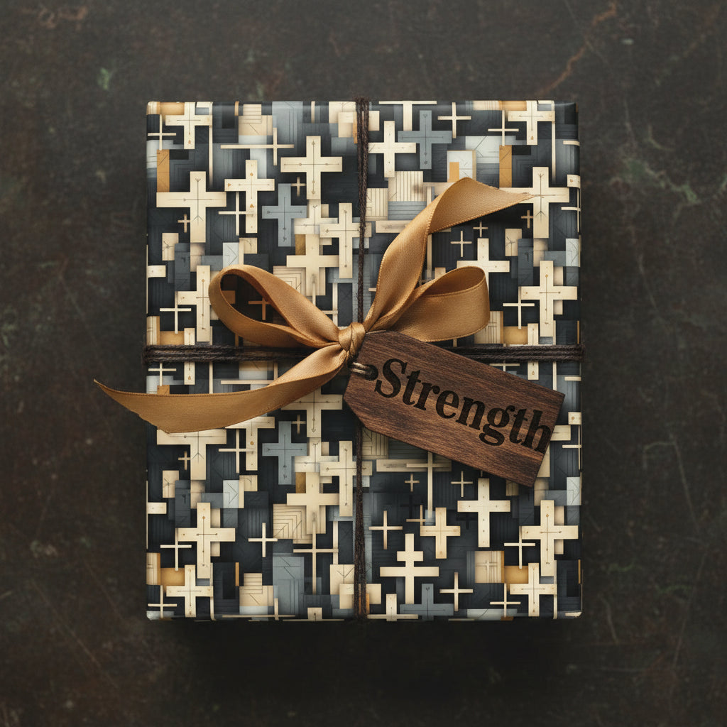 Modern geometric wrapping paper featuring cross design, tied with gold ribbon and a wooden tag that says "Strength".