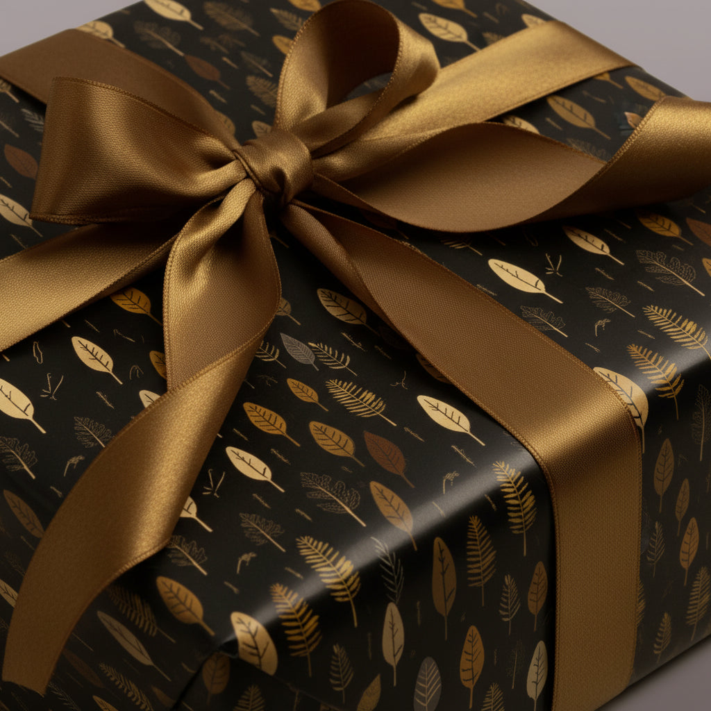 Luxury gift wrap: Black paper with gold leaf pattern and satin gold ribbon.