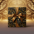 Elegant gift box wrapped in black and gold leaf wrapping paper with a satin ribbon bow.