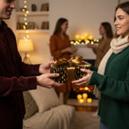Exchanging a gift wrapped in luxury Christmas gift wrap with gold ribbon and a modern black and gold leaf pattern.