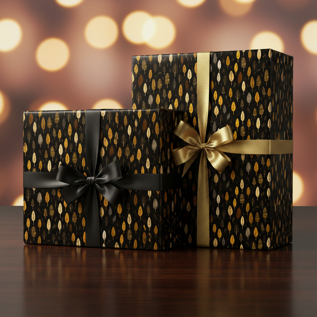 Two gifts wrapped in black and gold leaf print wrapping paper with ribbon bows.