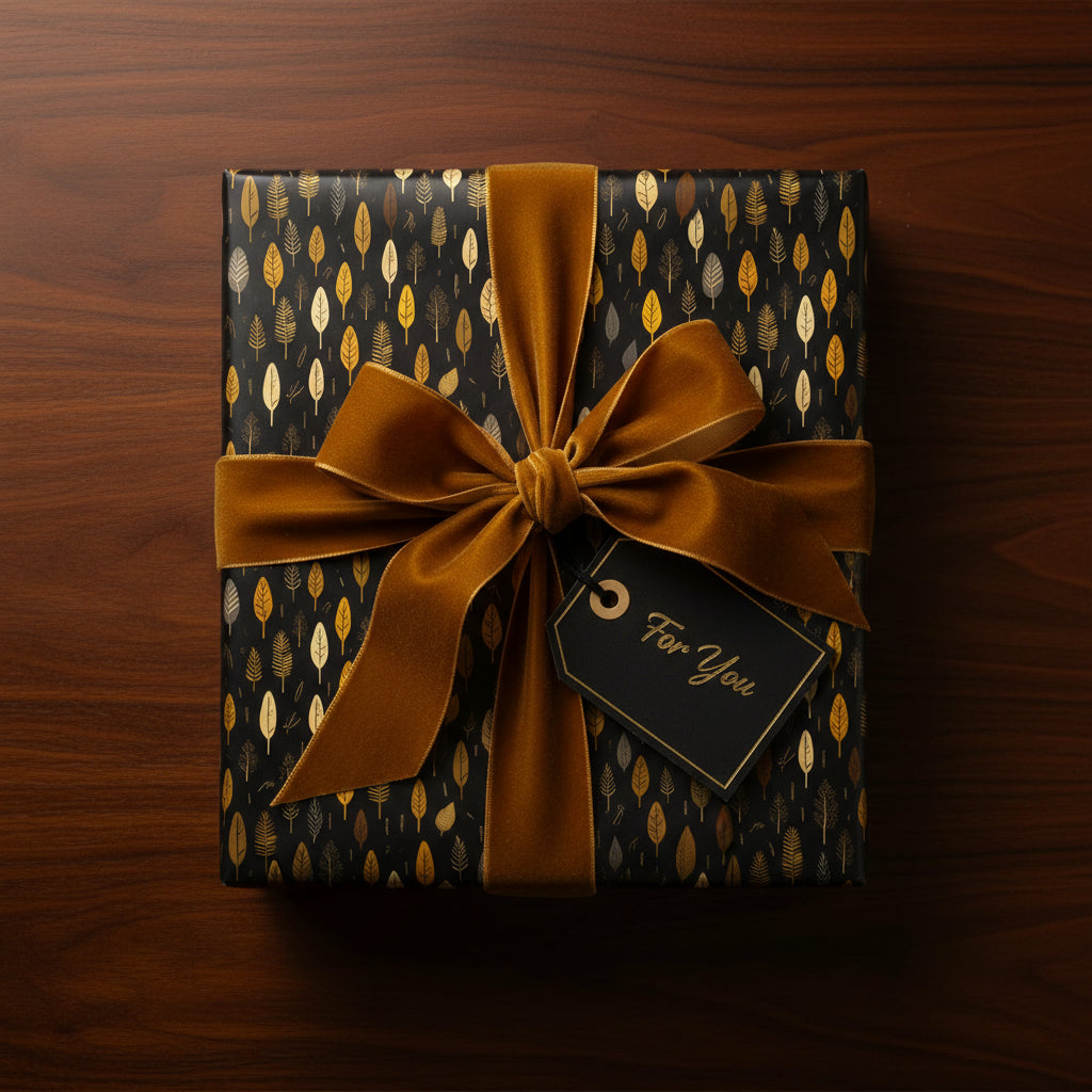 Elegant gift wrapped in black floral wrapping paper with gold accents and a velvet gold ribbon.