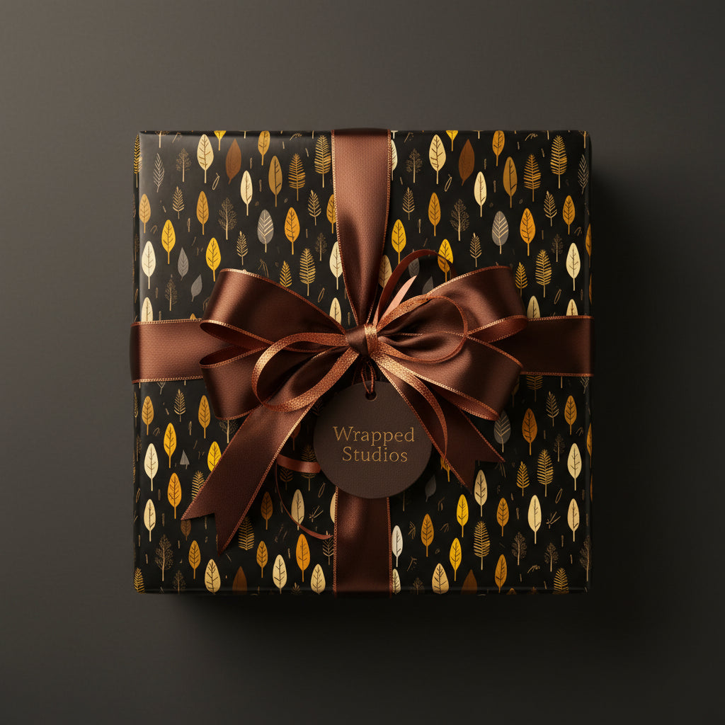 Elegant gift wrapped in black wrapping paper with gold leaf pattern and brown satin ribbon bow.