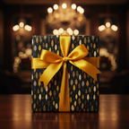Elegant gift wrapped in black paper with gold leaf pattern and satin gold bow.