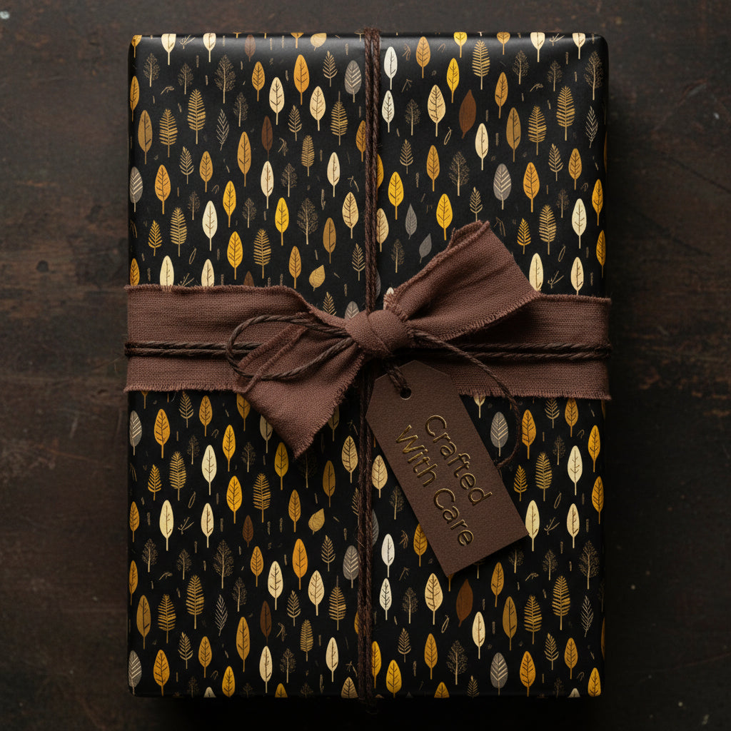 Elegant gift wrapped in black and gold leaf pattern paper with brown ribbon and "Crafted with Care" tag.