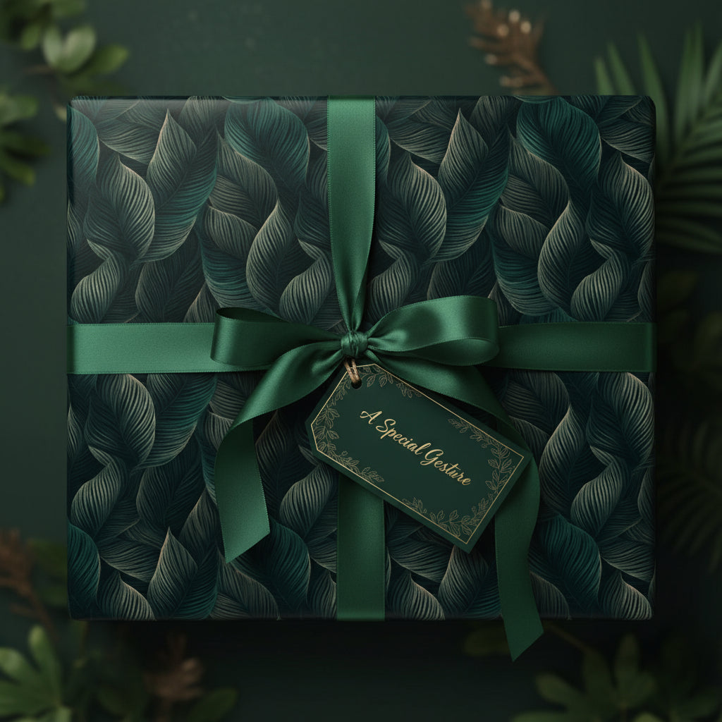 Elegant gift wrapped in dark green leaf-patterned paper with satin ribbon and a "Special Gesture" tag.