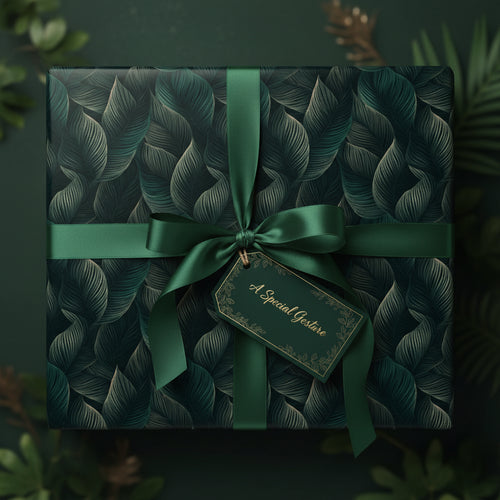 Elegant gift wrapped in dark green leaf-patterned paper with satin ribbon and a "Special Gesture" tag.