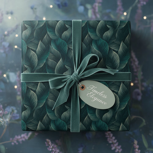 Elegant gift wrapped in luxury botanical wrapping paper with a velvet teal ribbon and tag.