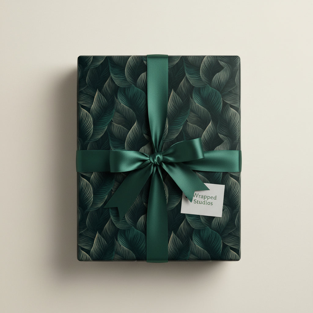 Dark green floral wrapping paper with a matching satin ribbon on a gift box.