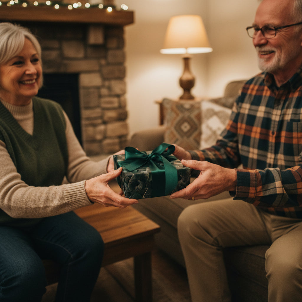 Senior couple exchanging a gift wrapped in dark floral wrapping paper with a dark green ribbon in cozy living room.